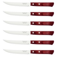 Jogo 6 Facas Churrasco Polywood aço Inox Tramontina Com Cabo De Madeira Vermelho   